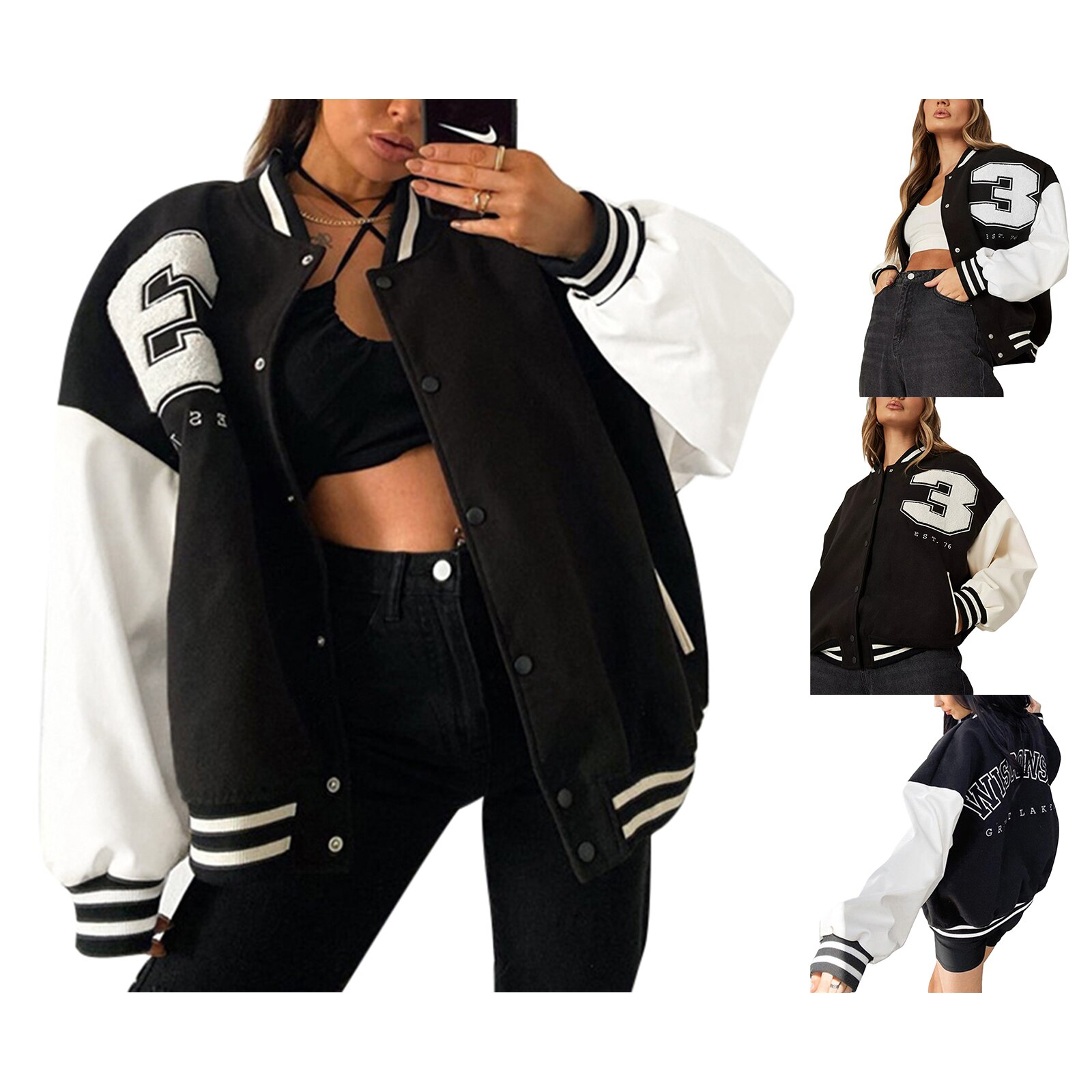 Vrouwelijke Baseball Jas Dames Contrast Kleur Nummer Patronen Lange Mouwen Jas Voor De Lente Herfst Zwart Wit S/M/L