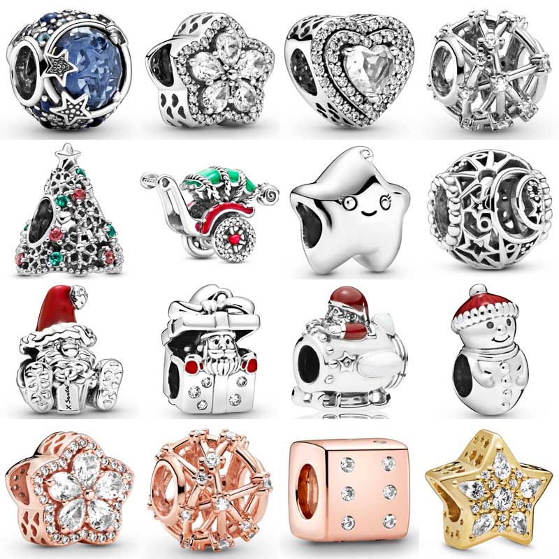 Moda estrelas cintilantes constellation floco de neve glitter árvore de natal charme 925 prata esterlina contas caber pulseira jóias diy
