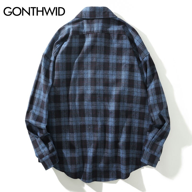 GONTHWID-camisas a cuadros de manga larga con bolsillos delanteros para hombre, ropa informal de Hip Hop, ropa de calle, camisas, abrigos, camisetas Harajuku