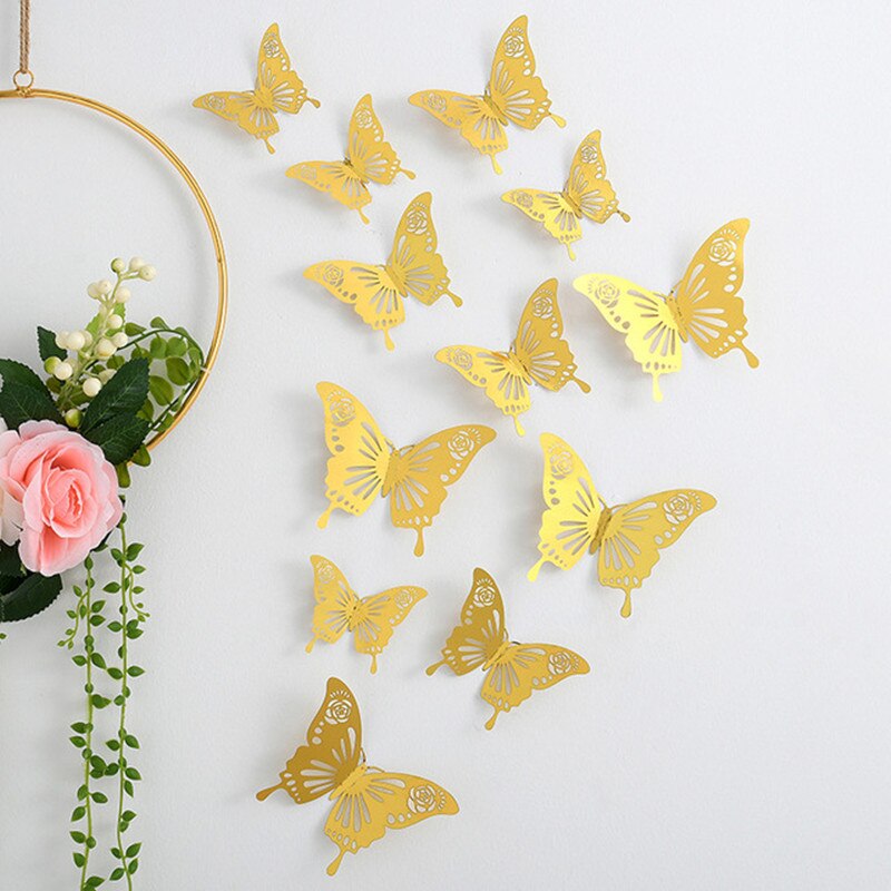 Autocollants muraux papillons en cristal effet 3D, 12 pièces/lot, beaux autocollants muraux pour chambre d'enfants, décoration de la maison: Gold 3