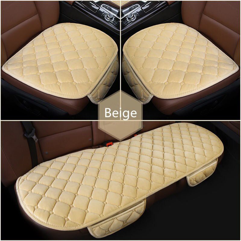 3 kpl/setti autotarvikkeet neliötyylinen ylellinen lämmin turvaistuimen päällinen tyyny talvi yleiset takapenkin päälliset auton tuolin pehmusteet: Beige setti