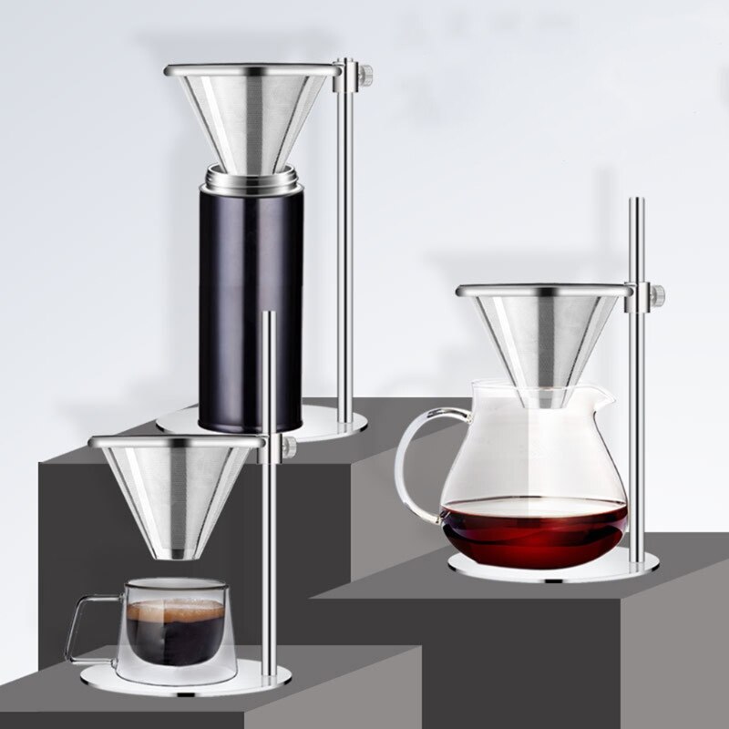 Adjustable Stainless Steel Pour Over Coffee Maker Station Stand with Double Filter Freestanding Drip Cone Brewer