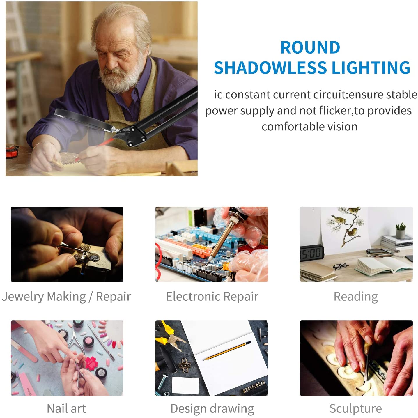 Flexible USB 3 Colors Lamp Magnifier Clip-on Table Top Desk LED Reading Large Lens Illuminated Magnifying Glass Desk Lamp