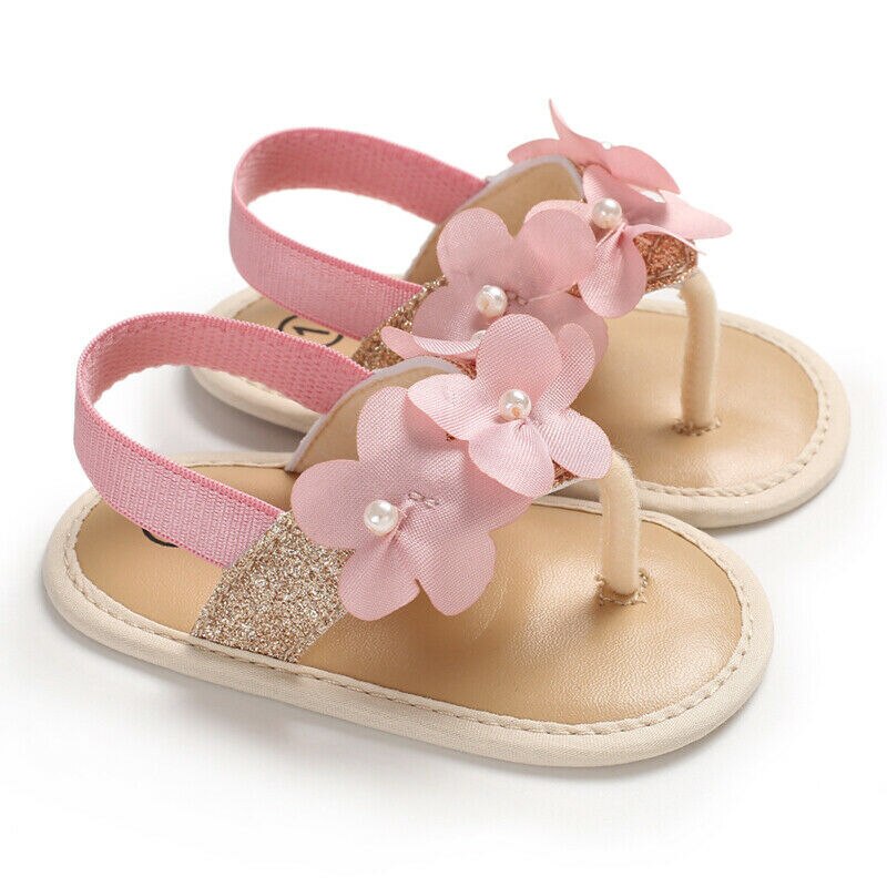 2019 Sapatas Das Meninas Do Bebê Floral Linda Princesa Flor Sandálias Romanas Plana Não-Escorregar Sneakers Sola Macia Bebê Recém-nascido: Ouro / Dourado / 13