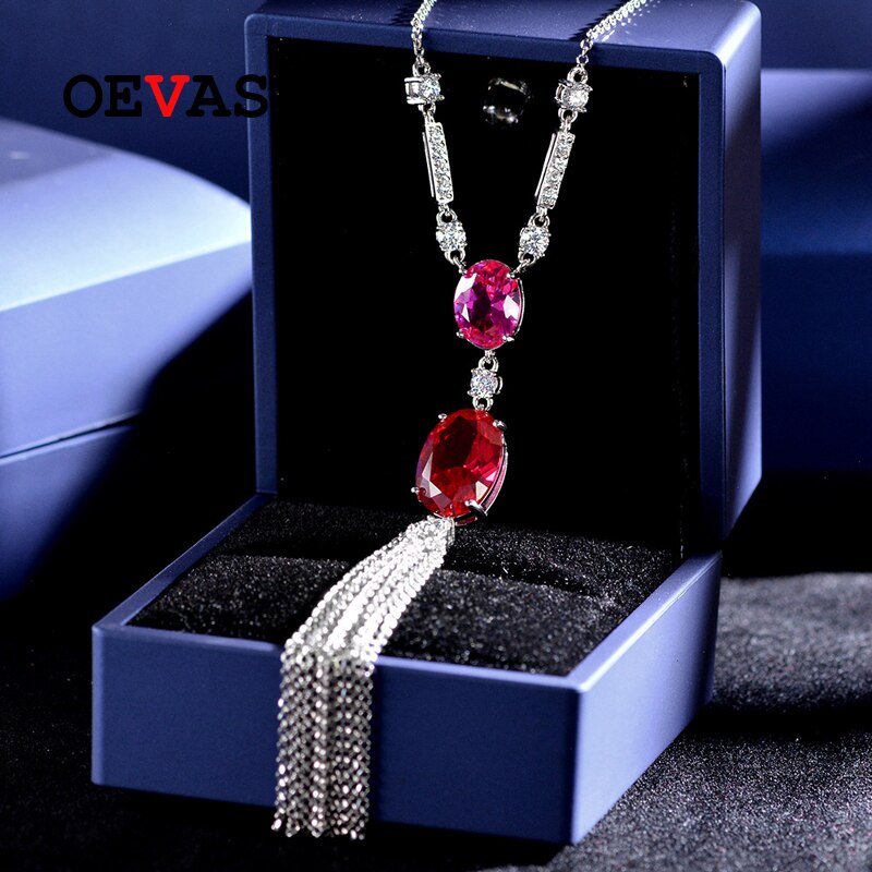 OEVAS 100% 925 Sterling Silver 10*14mm Oval Ruby High Carbon Diamond Pendant Necklace For Women Sparkling Wedding Fine Jewelry