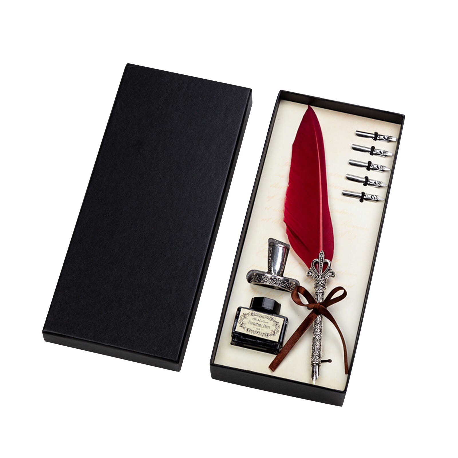 Retro Vintage Calligraphy Feather Dip Pen Writing Ink Set Stationery Quill Fountain Pens Vintage Pen #N4: Red 