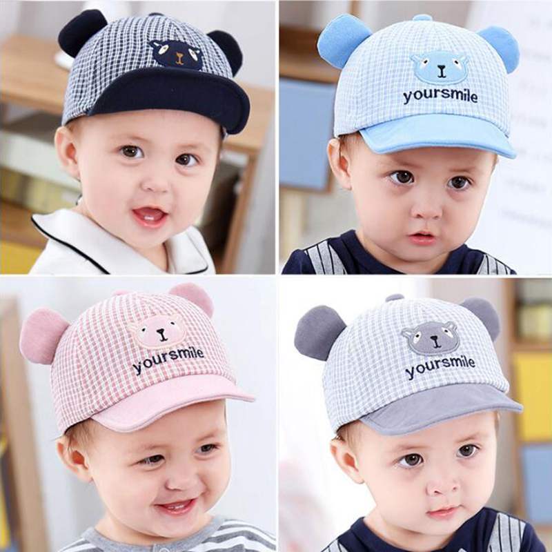 Cute Cartoon Baby Cap With Ears Summer Newborn Adjustable Baseball Cap Cotton Baby Girl Boy Hat Plaid Toddler Kids Sun Hat