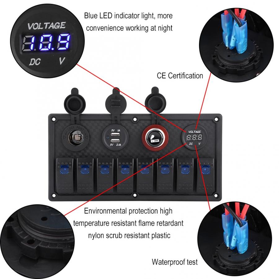 12V 24V 8 Gang Car Marine Boat Rocker Switch Panel Waterproof Circuit Digital Voltmeter Dual USB Port Outlet Switch Panel Circui