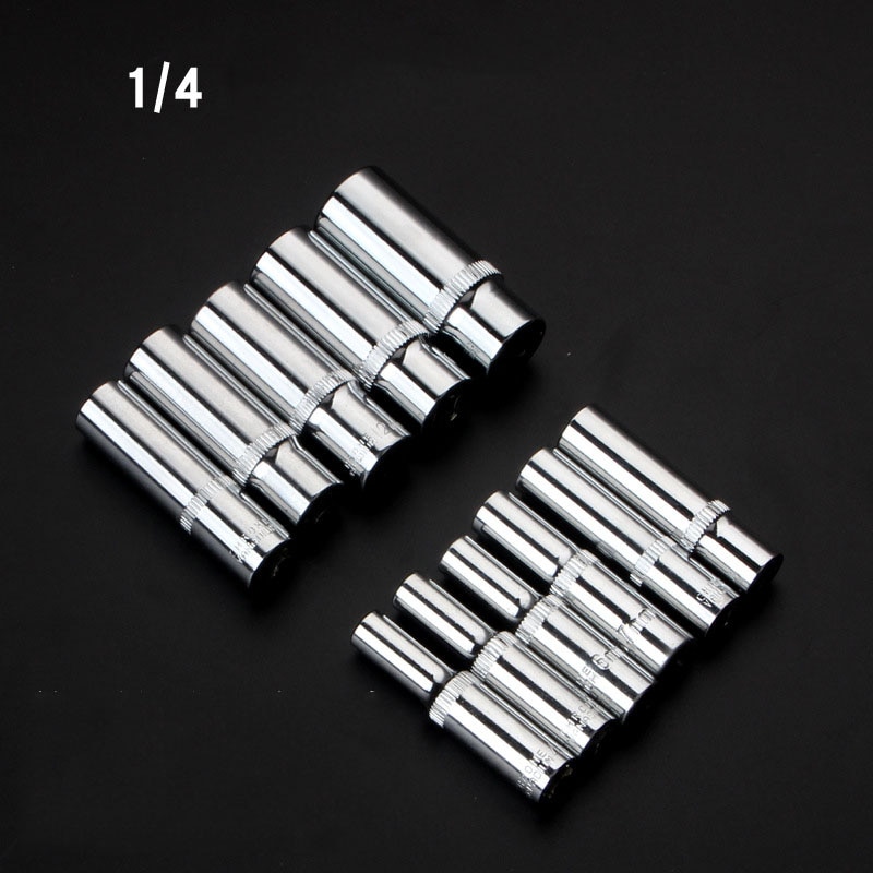 11pcs 1/4 Socket Set Adapter Long Sockets 4-14mm Deep Socket Tool Heads Torque Spanner Ratchet Socket Wrench