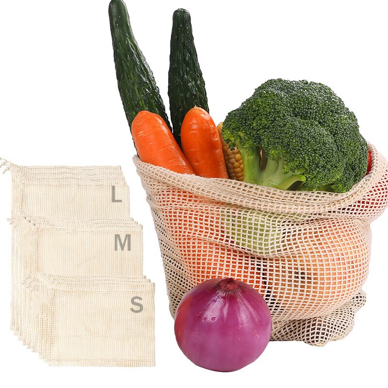 3pcs Cotton Mesh Vegetable Fruit Bags Reusable Mesh Shopping Bag Storage Bag Kitchen Fruit Vegetable with Drawstring