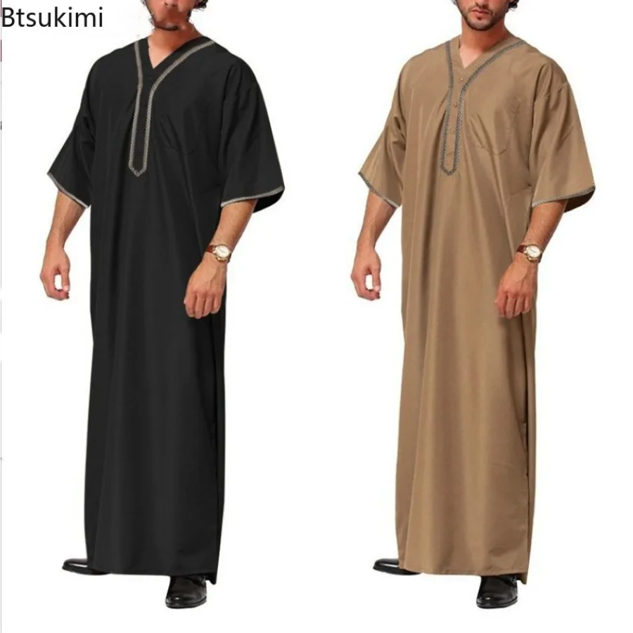 2023 Moslim Mode Mannen Lange Gewaad Effen Losse Knop Kimono Mannen Jubba Thobe Saudi Arabische Kaftan Mannen Shirt Abaya Islamitische kleding