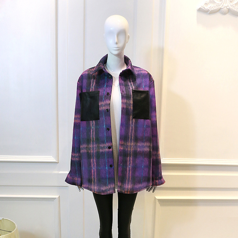 Purple Plaid Shirt Jacket Women&#39;s Long Sleeve Outerwear All-Match Loose Thick Woolen Coat Autumn Winter Style: L