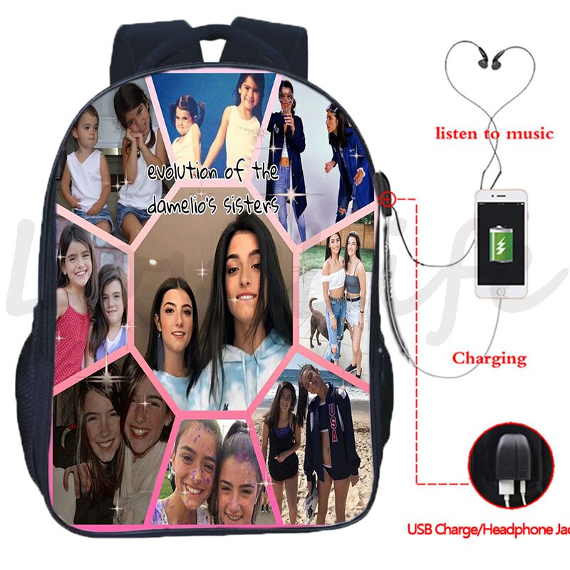 Plecak Charli Damelio plecak USB Design chłopcy dziewczęta torby szkolne mężczyźni kobiety dwuwarstwowy plecak na laptopa plecak podróżny USB: 12