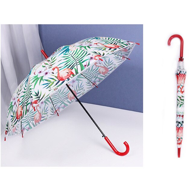 Kvinders paraplyer flamingoer gennemsigtige paraplyer piges lange håndtag paraply frisk og enkel studerendes vindskærmsparaply: Rød