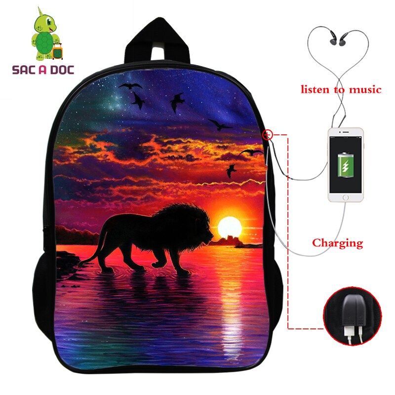 Laptop-rucksack für jungen und mädchen, reise- und schulrucksäcke mit 16- zoll-usb-ladeanschluss, löwenmuster, 3d schultaschen für teenager: 0 löwen 73