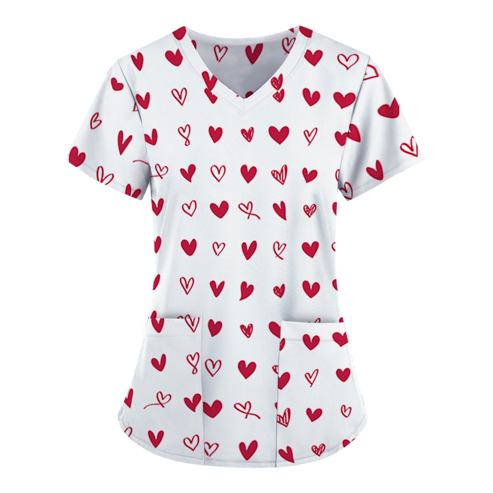 Vrouwen Werken Uniform Verpleging Scrubs Tops Leuke Valentijnsdag Liefde Pocket V-hals Korte Mouwen Losse Top Kostuum a50: RD / S