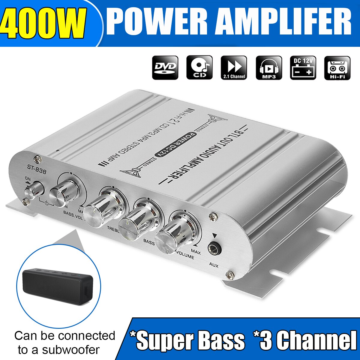 12V3A di Alimentazione + Cavo Audio ST-838 mini digitale Ciao-Fi Amplificatore di Potenza dell'automobile 2.1CH 40W 2x20W Digitale subwoofer stereo basso Audio giocatore