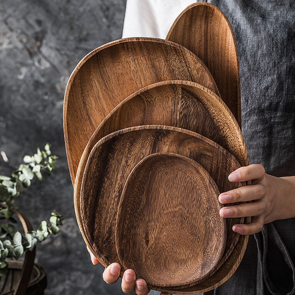 Round Solid Wood Plate Whole Acacia Wood Fruit Dishes Wooden Saucer Tea Tray Dessert Dinner Breakfast Plate Tableware Set