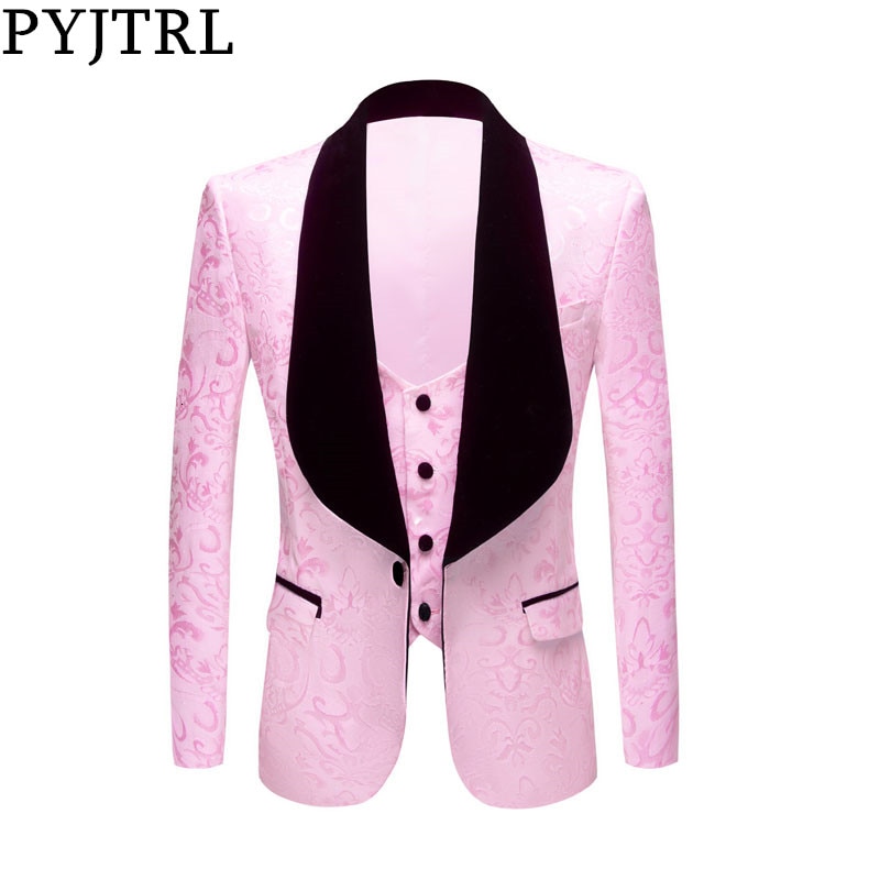 Pyjtrl mænd klassisk sjal revers 2 stykker bryllup brudgom jacquard smoking pink gul sort rød ren hvid slim fit jakke og vest