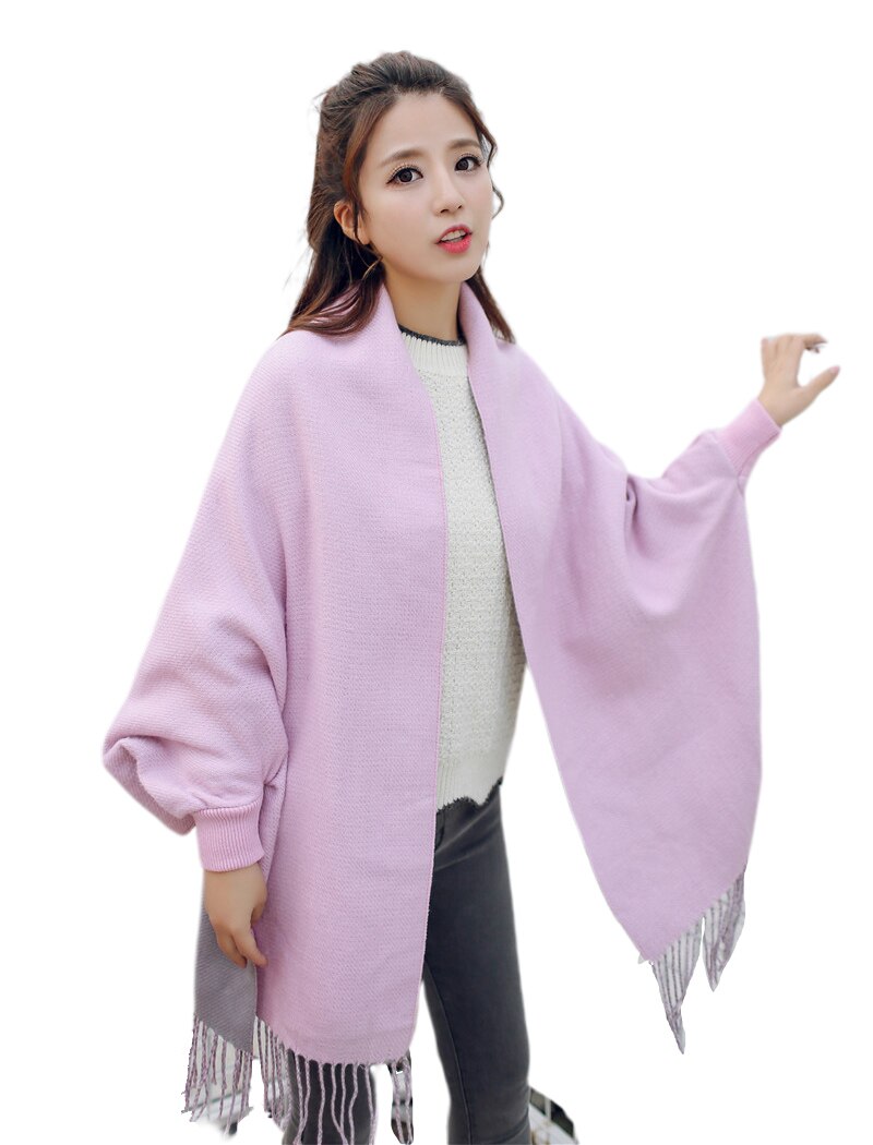 Otoño casual borla de punto Ponchos cachemir Batwing Capes Cardigan abrigo señora Streetwear capa flecos Poncho chal bufanda: Rosa