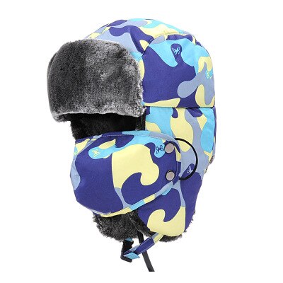 Winter Kids Children Multicolor Butterfly Camo Camouflage Fur Trapper Hats With Masks For Boys Girls: Sky Blue