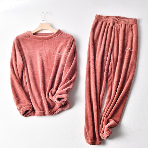 Fdfklak flanellen huiskleding dikke warme dames pyjamaset lange mouwen lange broek pyjama dames casual nachtkleding pyjama vrouw: Baksteenrood