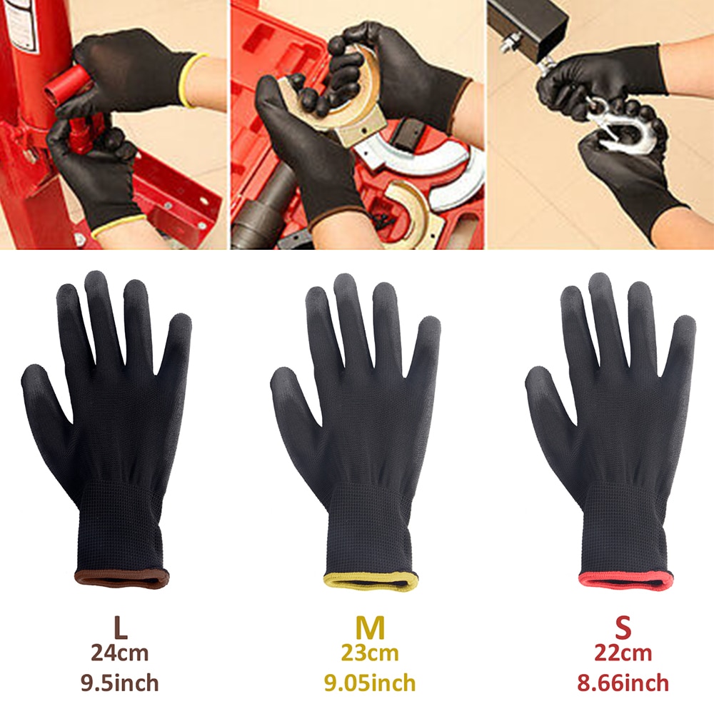 12 Pairs S/M/L Nylon PU Safety Working Gloves Builders Grip for Palm Coating Gloves Carpenters Maintenance Workers Supplies