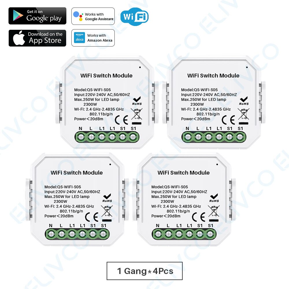Wifi Smart Switch Module 1 Gang/2 Gang Two Way 10A 2300W Tuya Smart Leven App Afstandsbediening groep Controle Timer Werkt Met Alexa: 1Gang-4Pcs