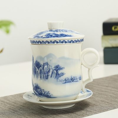 Chinese traditionele kopjes Thee cup met deksel Schotel blauw en wit porselein Theekopje Aardewerk Keramische koffie mok thee set: C