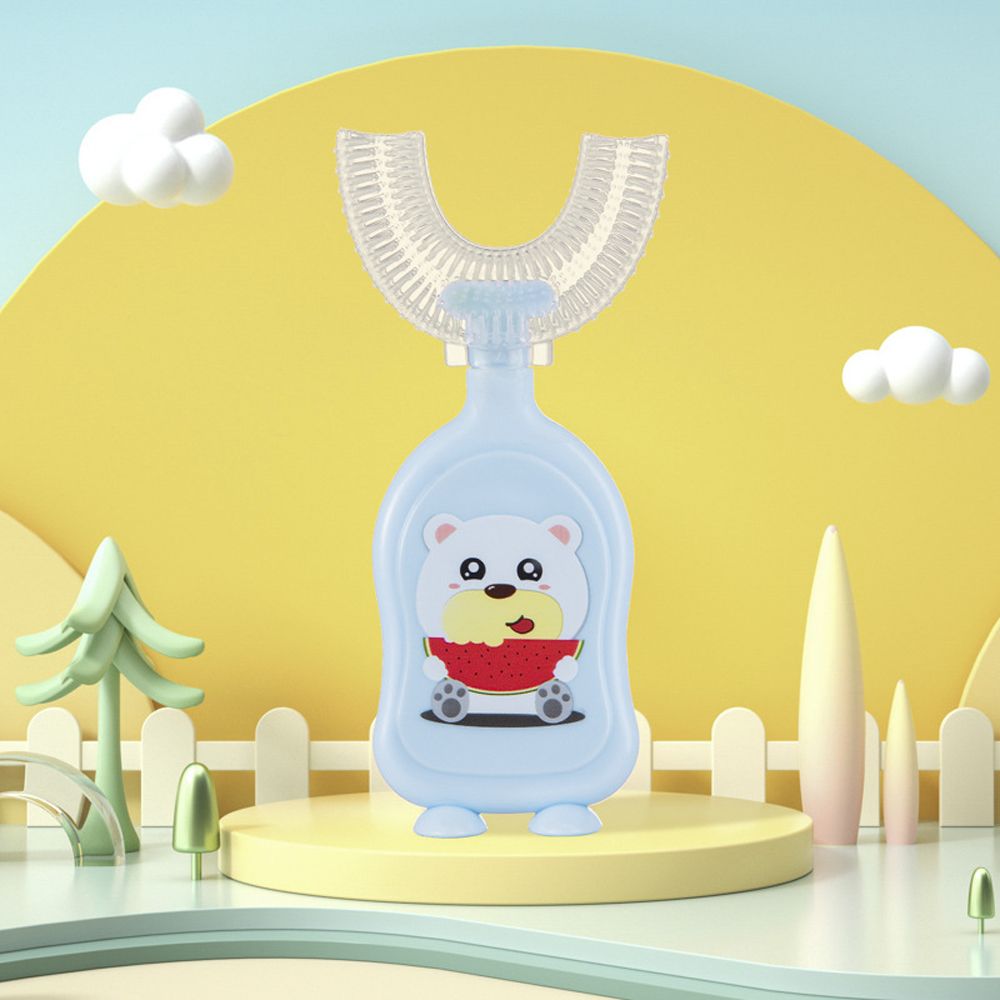 2-13 anni nuovo simpatico orso anatra bocca contenente tipo manuale a forma di U pulizia a 360 gradi massaggio spazzolino da denti in Silicone: blue-Bear