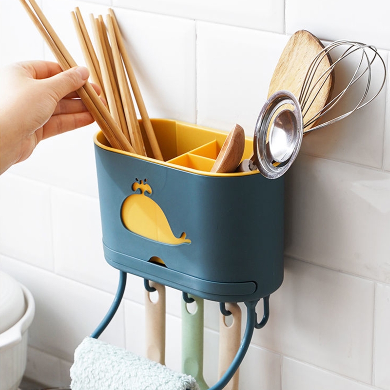 Multi-use Kitchen Organizer Wall Mounted Utensil Rack Flatware Drying Rack Sink Caddy with Hooks &amp; Towel Rack Punch-free