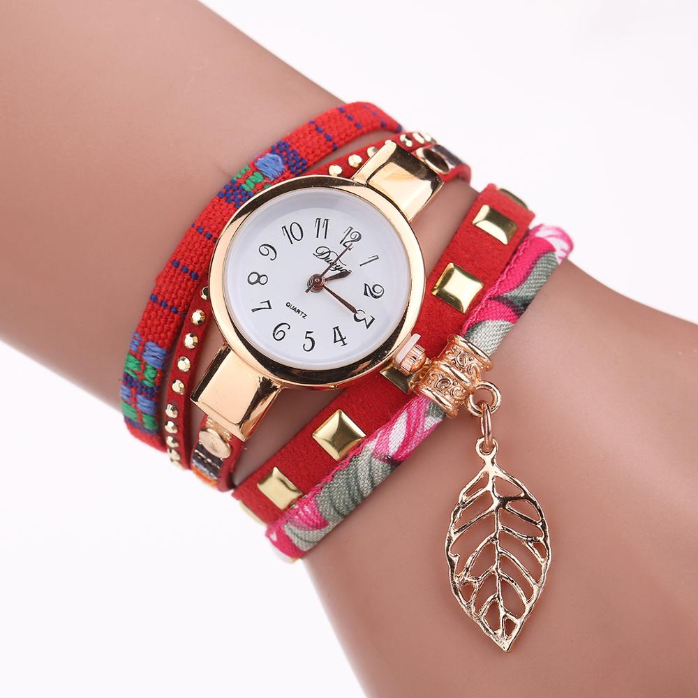 Duoya Mode Vrouwen Armband Horloge Goud Quartz Horloge Vrouwen Jurk Lederen Casual Armband Horloges: Rood