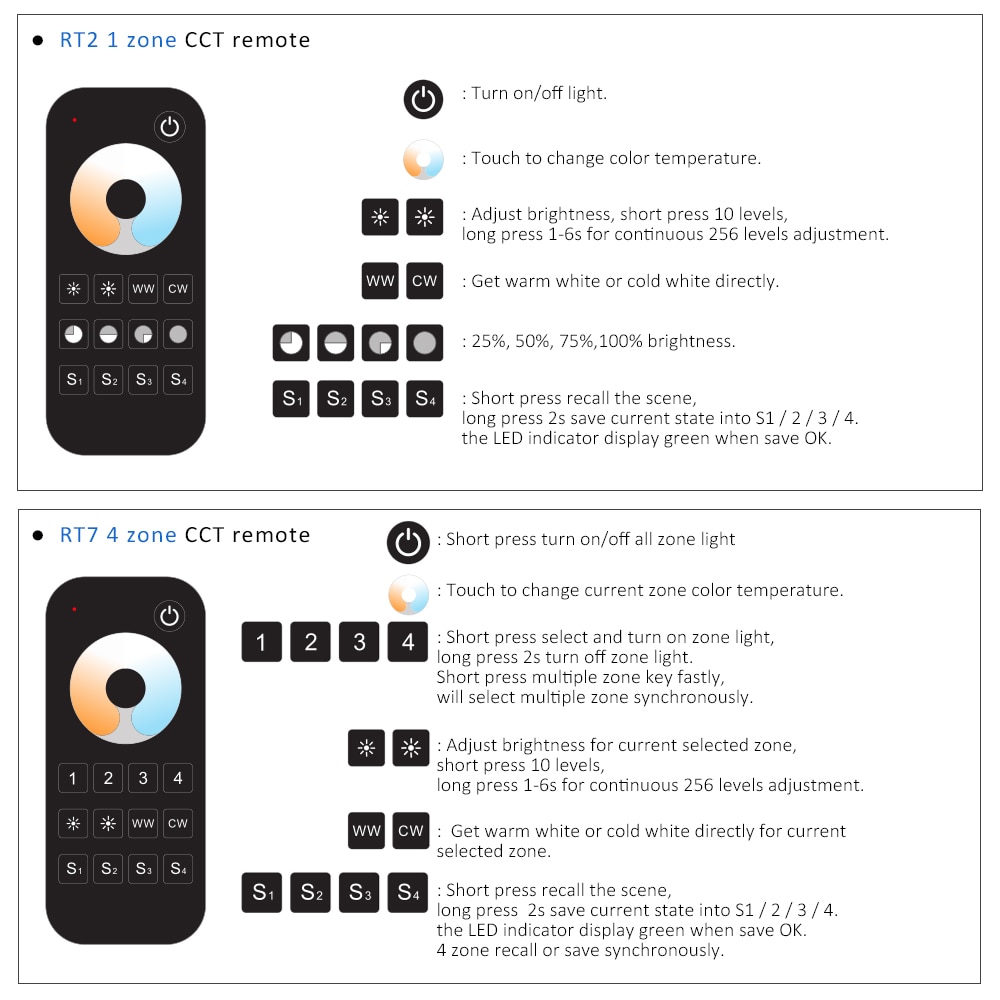 WW CW LED Controller 12V 24V 36V 2CH 16A 2.4G Wireless Remote Control RF LED Dimmer Switch for CCT Daul White LED Strip Light