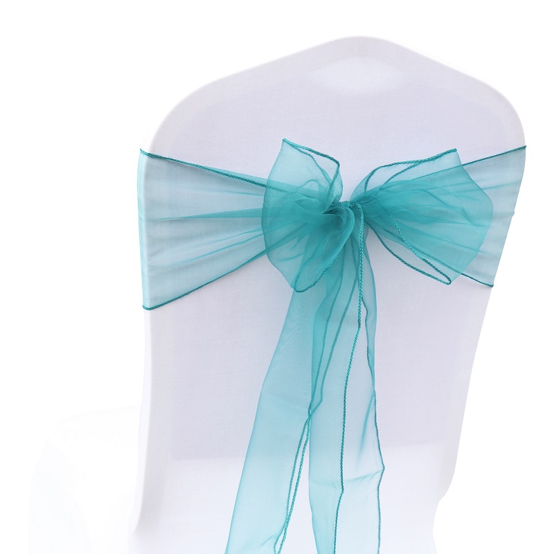 100pcs/set Organza Chair Sashes Wedding Chair Knot Cover Decoration Chairs Bow band Belt Ties For Weddings Banquet: Teal Blue
