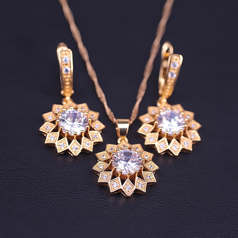 Austrian Weißen Kristall Gold Farbe Kostüm Schmuck Set Für Frauen Ohrringe Halskette Set Mit Anhänger In Shop