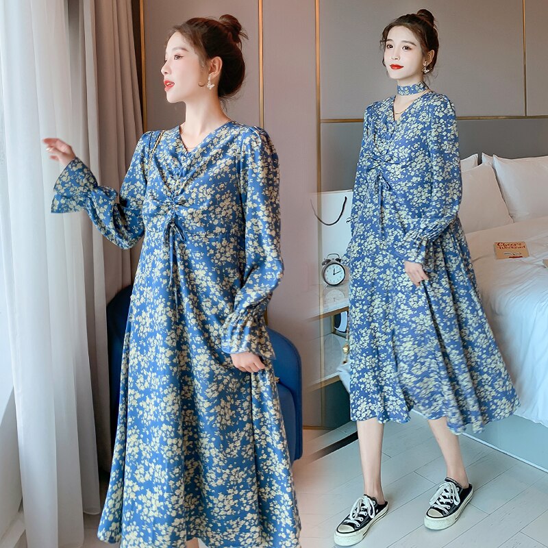 Maternity Dress Spring Autumn Long Sleeve Easy Matching Loose Floral Dress For Pregnant Women Mom Dress