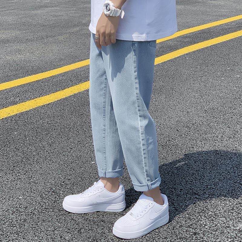Männer Jeans Denim Solide Einfache Elastische Taille Kordelzug Plus Größe 3XL verlieren Gerade Koreanische Alle-spiel Studenten Neue lässig: X12 hell Blau / M