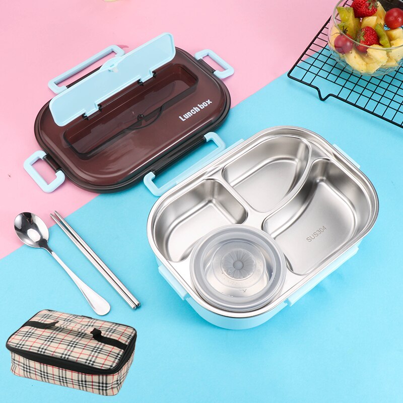 1300ml Stainless Steel 304 Lunch Box With Soup Bowl Leak-Proof Bento Box Dinnerware Set Microwave Adult Student Food Container: Blue with Bag