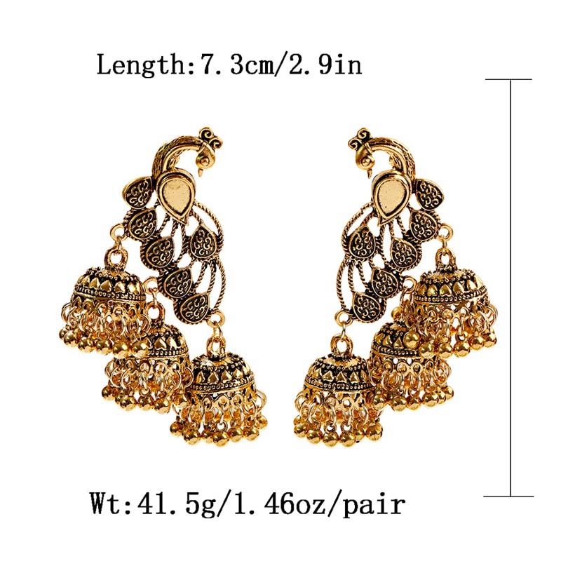 Retro Bollywood Geoxideerd Gypsy Sieraden Vrouwen Etnische Gold Afghaanse Birdcage Lange Keten Kwastje Pauw Gesneden Jhumka Indiase Oorbellen