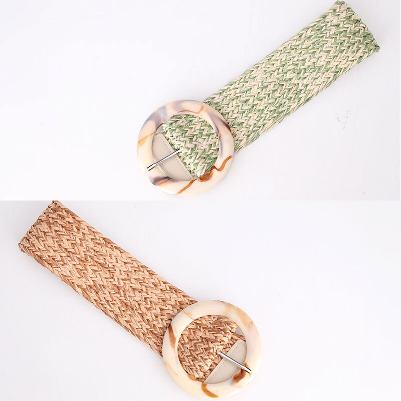 Summer Women Braided Elastic Belt Round Resin Buckle Vintage Bohe Straw Buckle Belt Dress Shirt Dress Belt Female Knitted Belt