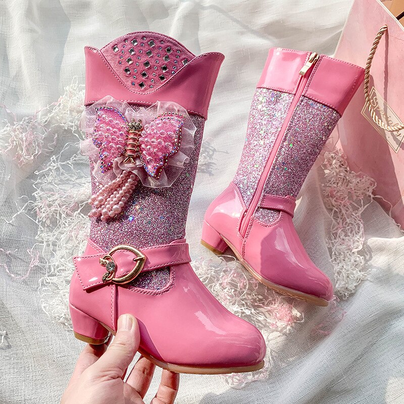 ULKNN bottes en cuir pour filles enfants talons hauts mignon Bow rose princesse chaussures 4-16 ans étudiants décontracté bout rond