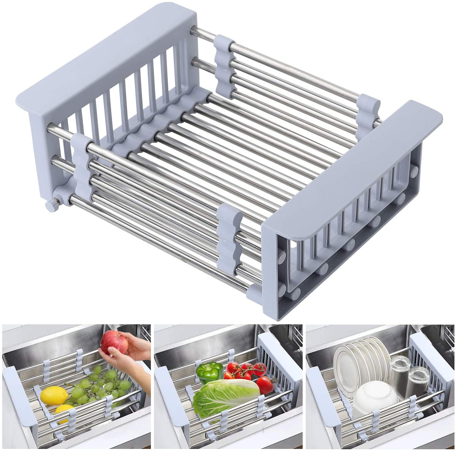 Adjustable Sink Drainer Basket Stainless Steel Kitchen Dish Drying Rack Over Sink Storage For Vegetable Tray Drainer Organizer