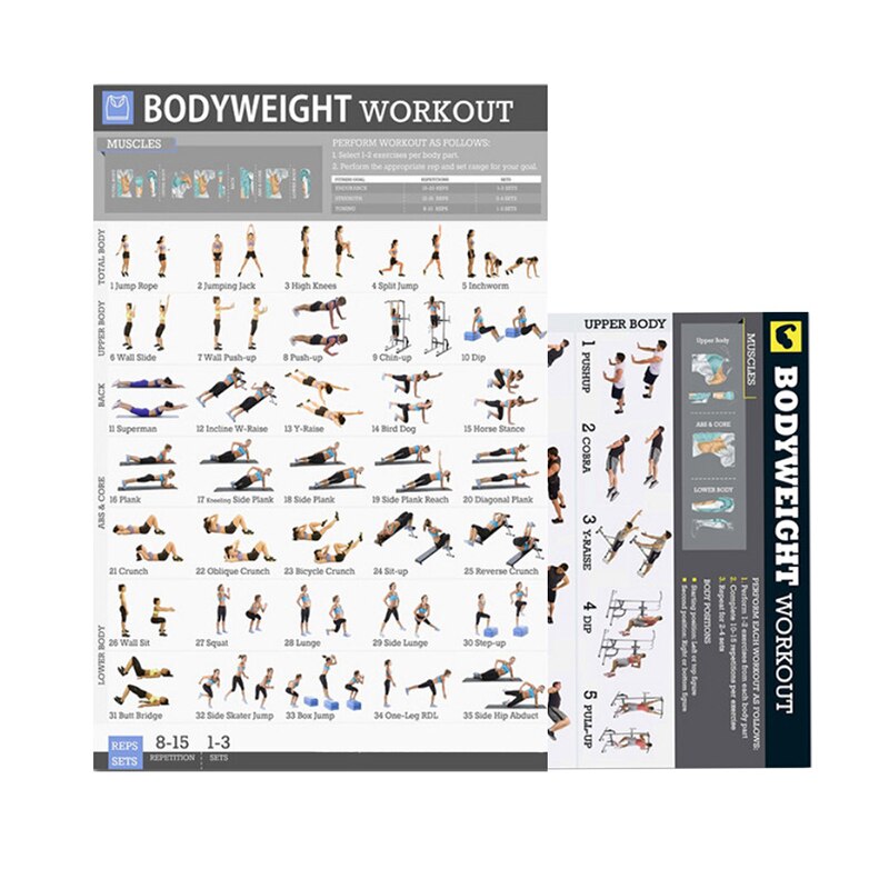 Bodyweight Exercise Poster Set Laminated 2 Chart Set Men and Women Body Weight Workouts for Home GYM Fitness