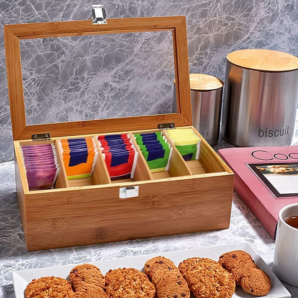 Bamboo Tea Box 5 Compartment Bamboo Tea Bags Coffee Storage Box Coffee Display Case Desktop Jewelry Cabinets Organizer Case