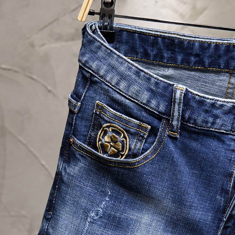 Japanske mænd koi broderi denim shorts korte jeans sommer elasticitet hul blå afslappet shorts harajuku jeans