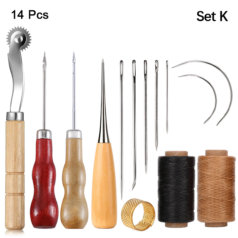 Leather Stitching Tools Kit with Hand Sewing Needles Awl Thimble Waxed Thread Set for DIY Leather Craft Shoemaker Repairs: Multi-Colored