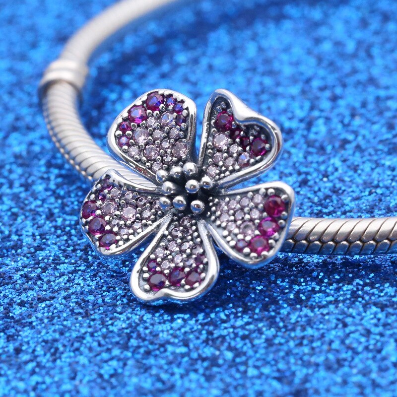 Véritable perle en argent Sterling 925 grande fleur de pêche fleur breloque Fit Pan femmes Bracelet et collier bijoux à bricoler soi-même