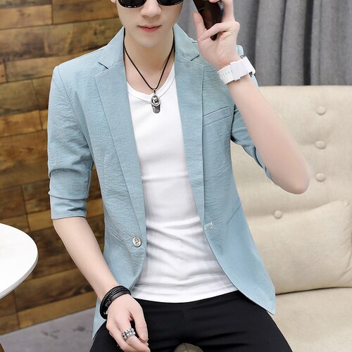 Hør herre blazer jakke sommer halværmet solid jakkesæt jakke casual business slim hvid blazer herre frakke ropa de hombre: Lyseblå / Asiatisk størrelse m