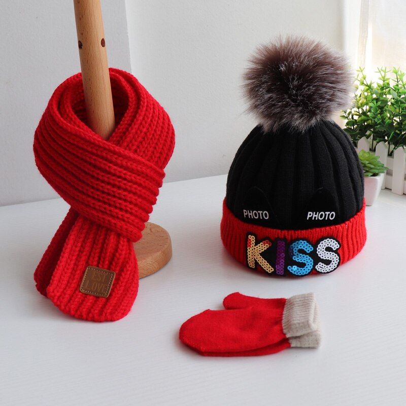 Conjunto de tres piezas de guantes para sombrero y bufanda para niños y niñas, en otoño e invierno, precioso gorro de lana tejido y bufandas cálidas: red black     red