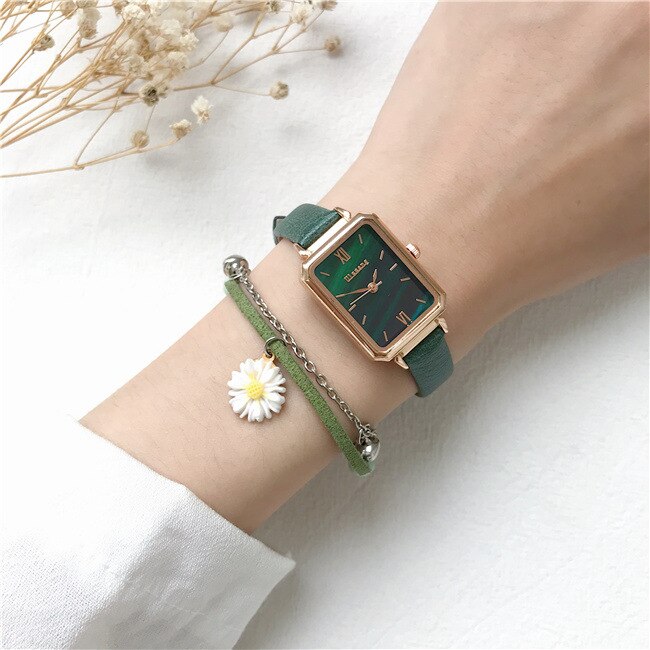 Rektangel kvinder ure ladeis kvarts armbåndsure ulzzang luksus mærke sort grøn kvinde ur læder ur: Grøn
